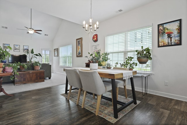 192 Buchanan Cir, Goose Creek, SC 29445 - dining area with wood finished floors, a chandelier, ceiling fan, and high vaulted ceiling