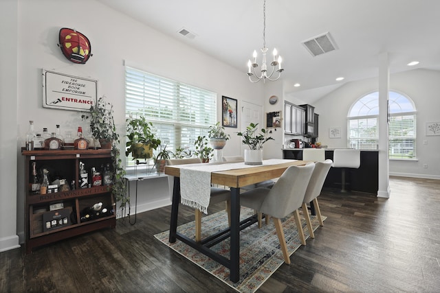 192 Buchanan Cir, Goose Creek, SC 29445 - dining area featuring a chandelier, dark wood-style floors, recessed lighting, and vaulted ceiling