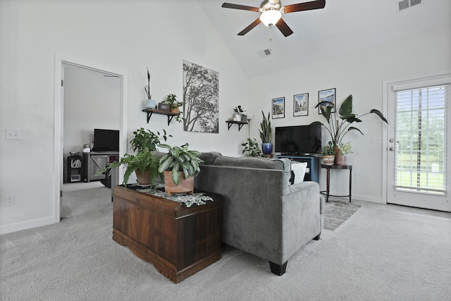 192 Buchanan Cir, Goose Creek, SC 29445 - living room with light carpet, ceiling fan, and high vaulted ceiling