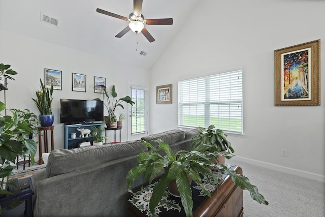 192 Buchanan Cir, Goose Creek, SC 29445 - carpeted living room featuring ceiling fan, plenty of natural light, and high vaulted ceiling