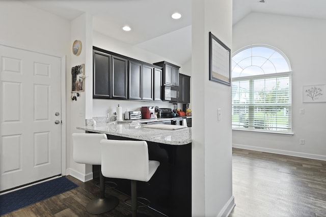 192 Buchanan Cir, Goose Creek, SC 29445 - kitchen featuring light stone counters, dark wood-style flooring, black microwave, a kitchen breakfast bar, and electric stove