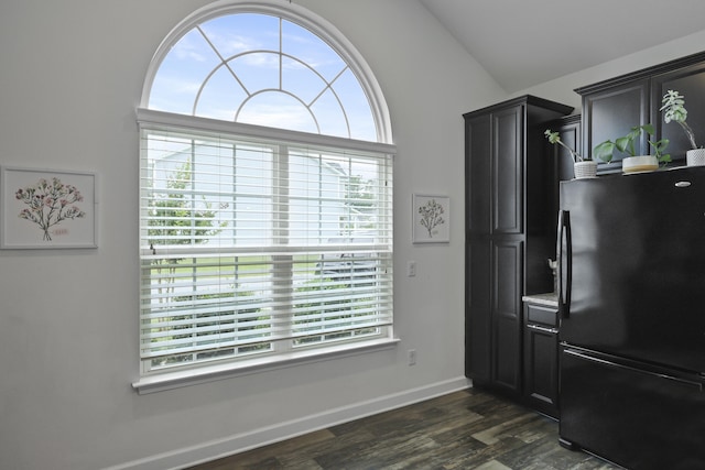 192 Buchanan Cir, Goose Creek, SC 29445 - kitchen with freestanding refrigerator, plenty of natural light, dark wood-style floors, lofted ceiling, and dark cabinets