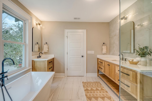 bathroom featuring vanity, a healthy amount of sunlight, and a washtub