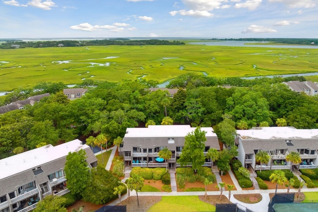 bird's eye view with a water view