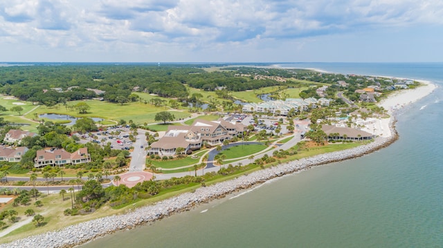 birds eye view of property featuring a view of the beach and a water view