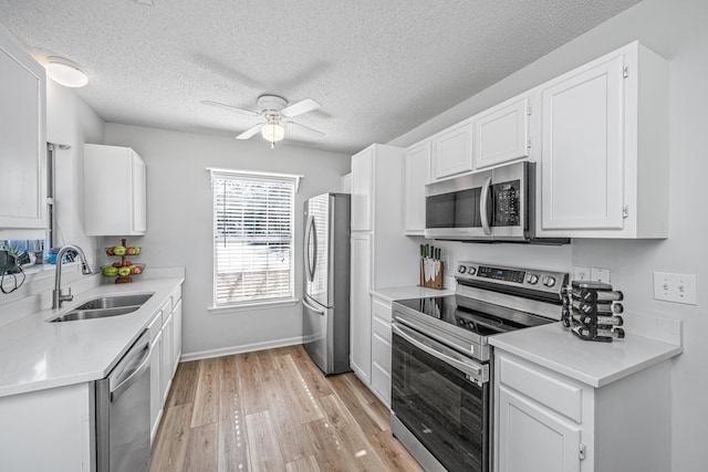 kitchen with light hardwood / wood-style floors, ceiling fan, appliances with stainless steel finishes, white cabinets, and sink