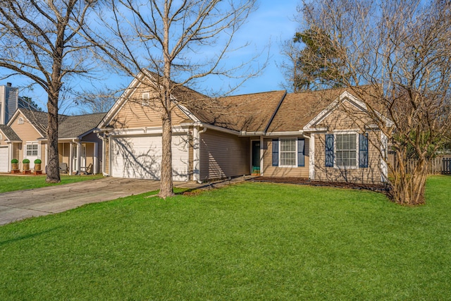 single story home featuring a front lawn and a garage