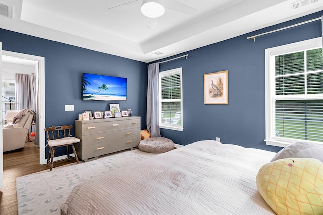 3789 Tupelo Branch Row, Mount Pleasant, SC 29429 - bedroom with a tray ceiling, multiple windows, wood finished floors, and a ceiling fan