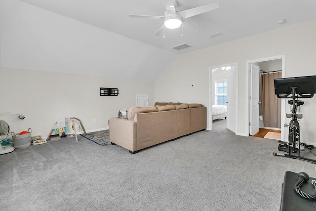3789 Tupelo Branch Row, Mount Pleasant, SC 29429 - carpeted living area featuring ceiling fan and vaulted ceiling