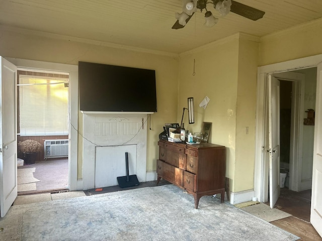 living room featuring ornamental molding, cooling unit, and ceiling fan