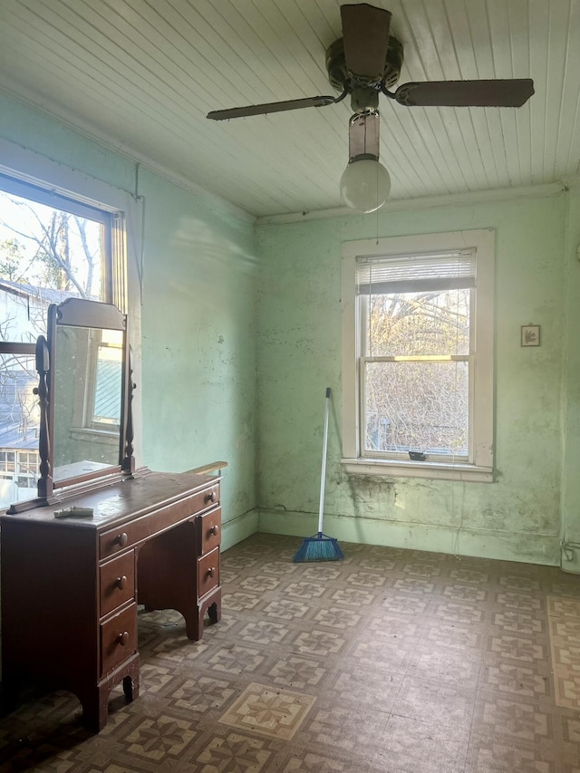 interior space featuring crown molding, ceiling fan, and wood ceiling