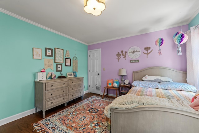 bedroom featuring dark wood-type flooring and crown molding