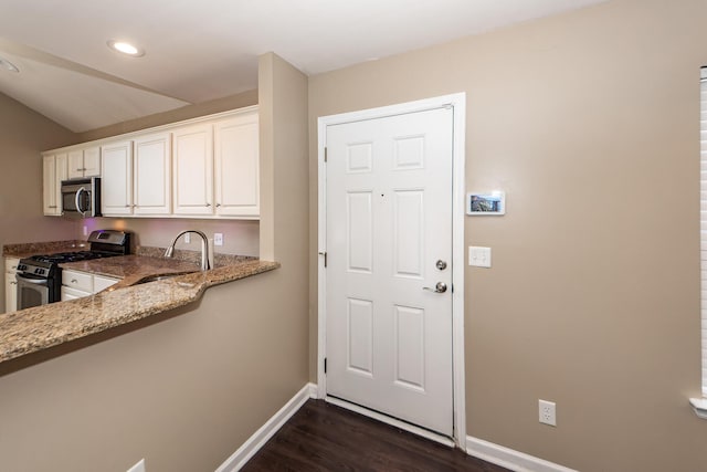 interior space featuring lofted ceiling, sink, and dark hardwood / wood-style floors