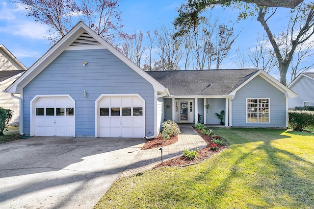 ranch-style home with an attached garage, concrete driveway, a shingled roof, and a front yard