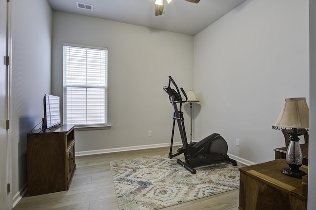 workout room featuring ceiling fan and light hardwood / wood-style floors