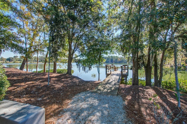 view of dock with a water view