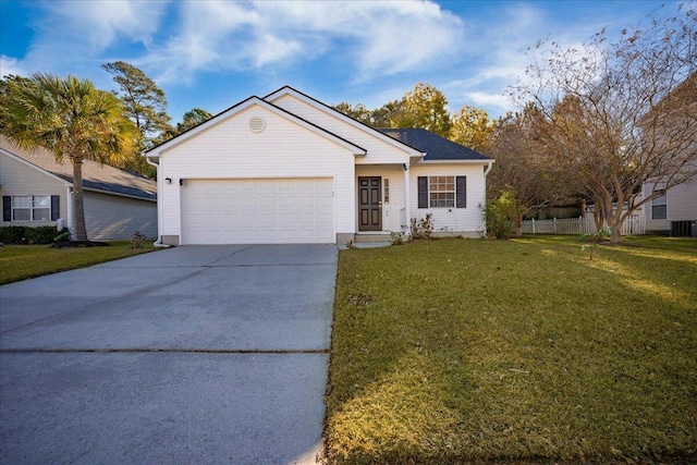 ranch-style home featuring a garage, central air condition unit, and a front lawn