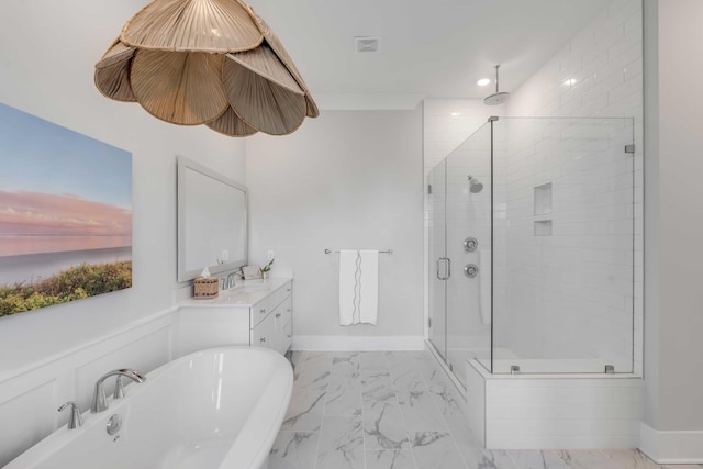 bathroom featuring vanity, separate shower and tub, and crown molding