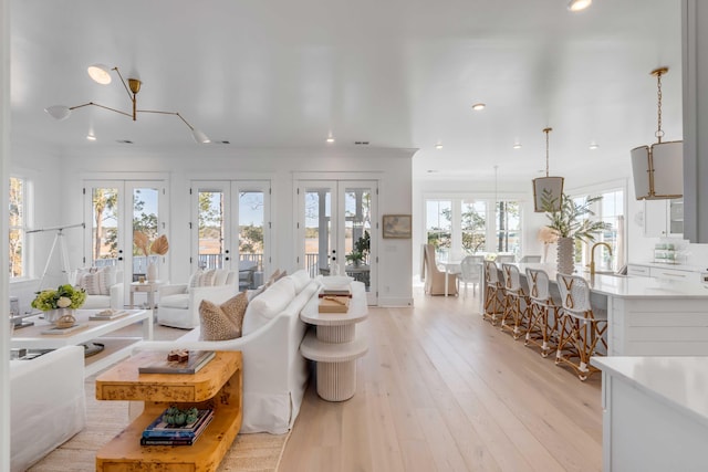 living room with ornamental molding, light hardwood / wood-style flooring, and french doors