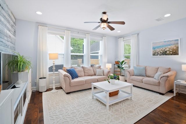 3203 Moonlight Dr, Charleston, SC 29414 - living area with dark wood-style floors, a ceiling fan, recessed lighting, and baseboards
