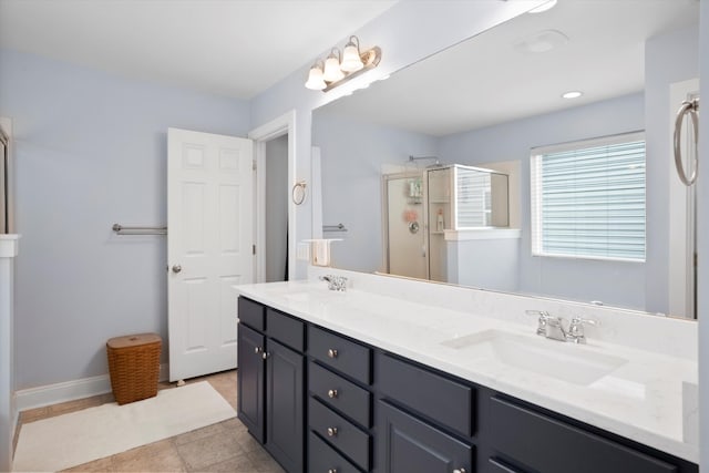 3203 Moonlight Dr, Charleston, SC 29414 - full bathroom with a stall shower, double vanity, and baseboards