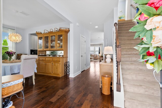 3203 Moonlight Dr, Charleston, SC 29414 - hallway with stairs, dark wood-type flooring, baseboards, and recessed lighting