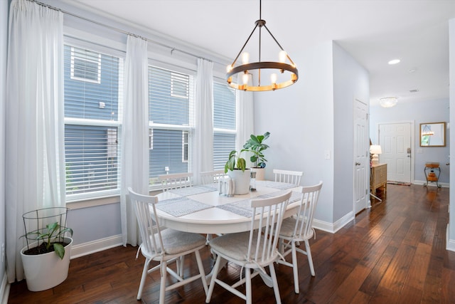 3203 Moonlight Dr, Charleston, SC 29414 - dining area featuring baseboards, a chandelier, dark wood-style floors, and recessed lighting