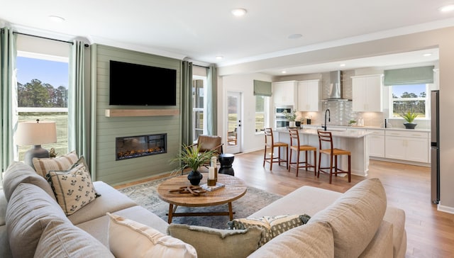 living room featuring sink, ornamental molding, a large fireplace, and light wood-type flooring