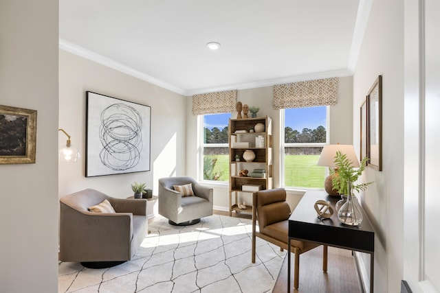 interior space with crown molding and light hardwood / wood-style flooring