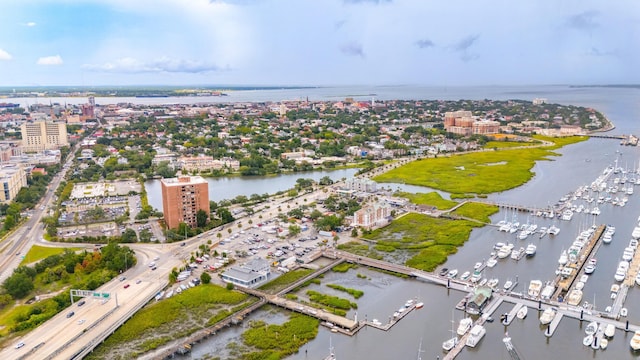 drone / aerial view featuring a water view