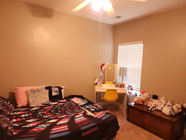 bedroom featuring carpet flooring and ceiling fan