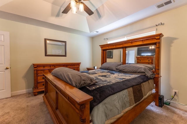 bedroom featuring visible vents, ceiling fan, light carpet, and baseboards