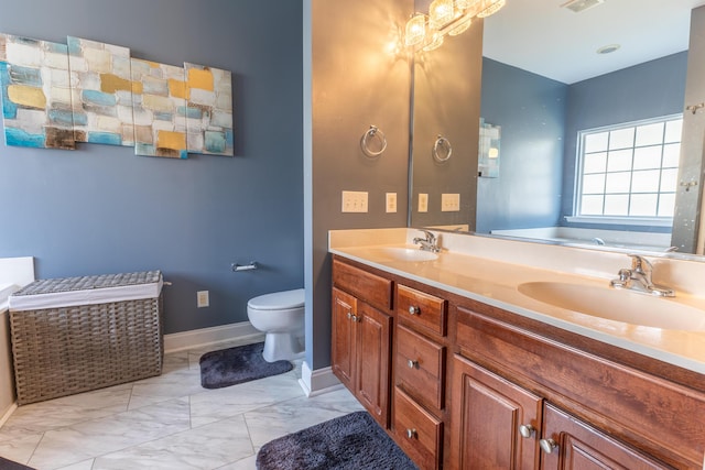 full bath with toilet, a sink, visible vents, baseboards, and marble finish floor