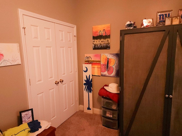 carpeted bedroom with a closet