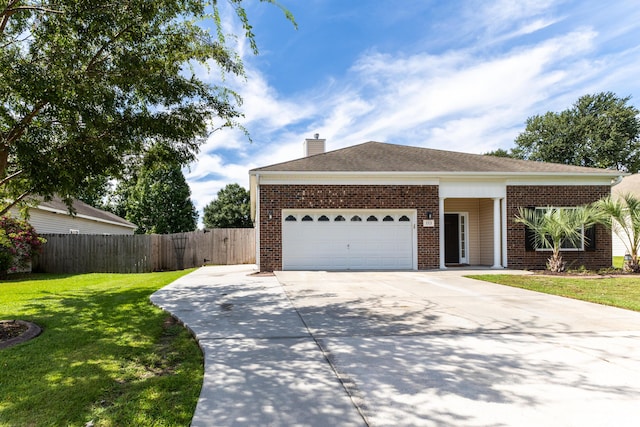 ranch-style house featuring an attached garage, brick siding, fence, concrete driveway, and a front lawn