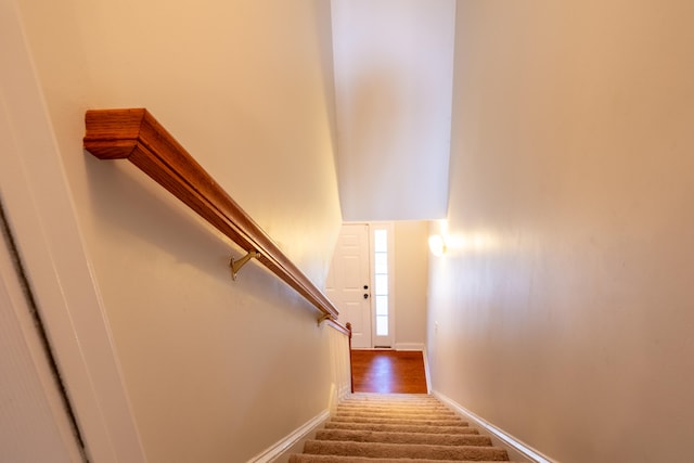 stairs with hardwood / wood-style flooring