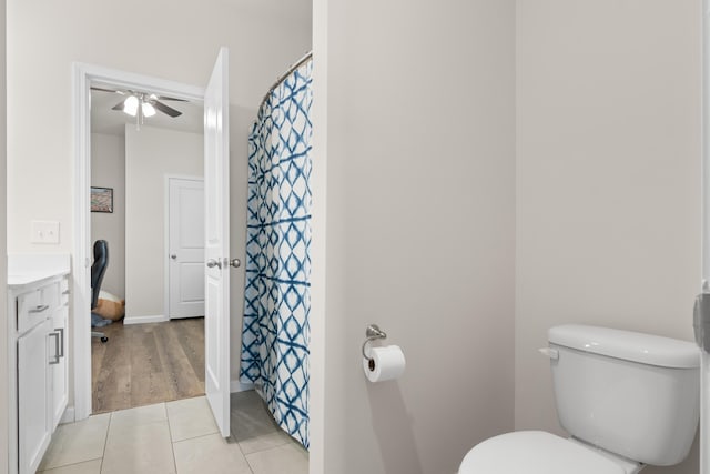 215 Cypress Plantation Rd, Moncks Corner, SC 29461 - bathroom featuring a ceiling fan, toilet, tile patterned floors, vanity, and curtained shower