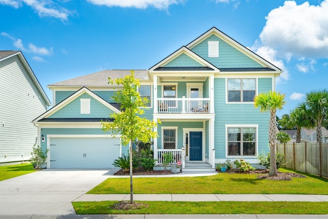 view of front of house with a front lawn, covered porch, a garage, and a balcony