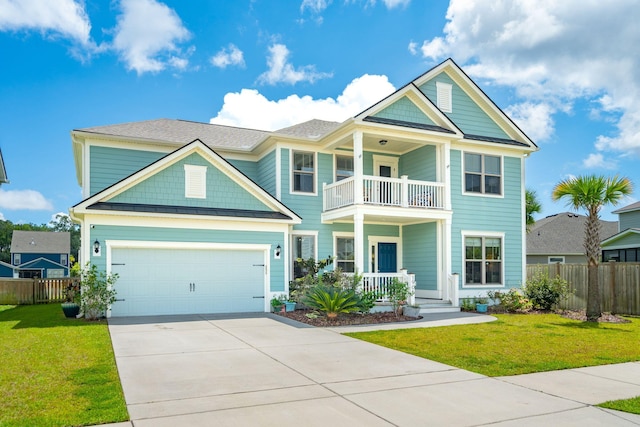 view of front of home featuring covered porch, a front lawn, and a garage