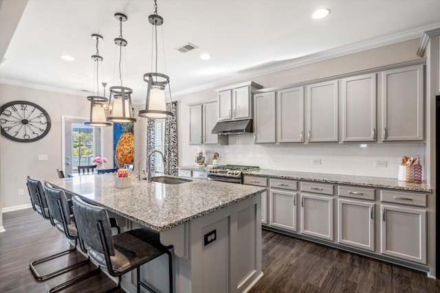 kitchen with gray cabinets, a sink, stainless steel range with gas stovetop, and under cabinet range hood