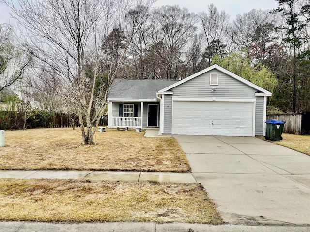 ranch-style house with fence, a porch, a front yard, driveway, and an attached garage