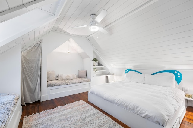 bedroom with lofted ceiling, ceiling fan, and wood finished floors