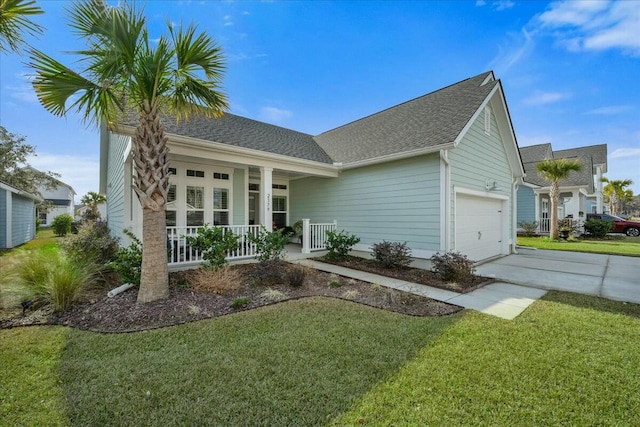 view of front facade with a porch, a garage, and a front lawn