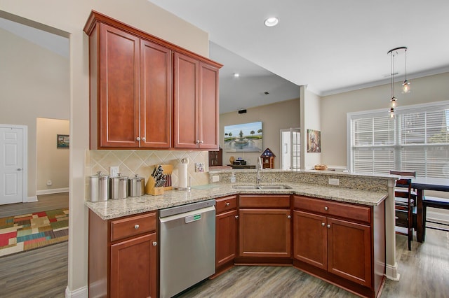 3801 Canary Ct, North Charleston, SC 29420 - kitchen with stainless steel dishwasher, a sink, wood finished floors, a peninsula, and light stone counters