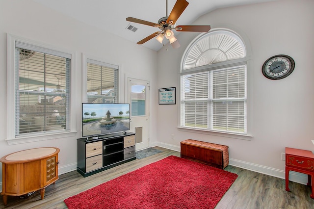 3801 Canary Ct, North Charleston, SC 29420 - sitting room with wood finished floors, ceiling fan, vaulted ceiling, and baseboards