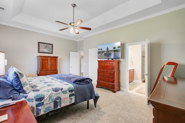 3801 Canary Ct, North Charleston, SC 29420 - bedroom featuring a raised ceiling, light colored carpet, crown molding, connected bathroom, and a ceiling fan