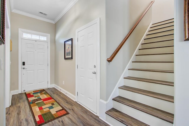 3801 Canary Ct, North Charleston, SC 29420 - foyer entrance with ornamental molding, stairway, dark wood-style flooring, and baseboards