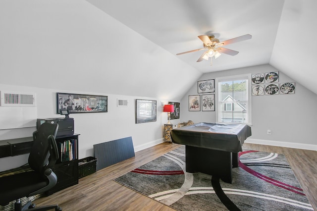 3801 Canary Ct, North Charleston, SC 29420 - recreation room with wood finished floors, vaulted ceiling, ceiling fan, and baseboards