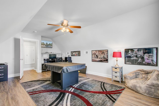 3801 Canary Ct, North Charleston, SC 29420 - home office featuring vaulted ceiling, wood finished floors, ceiling fan, and baseboards