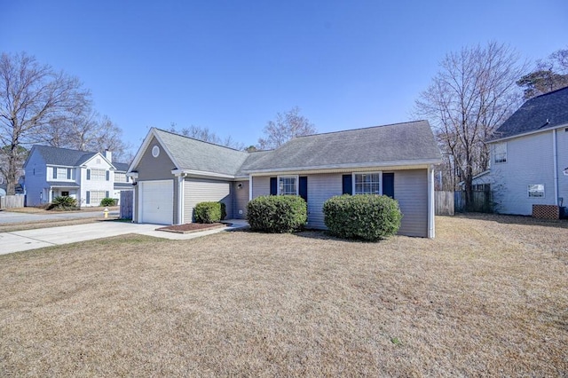 single story home with a garage and a front yard